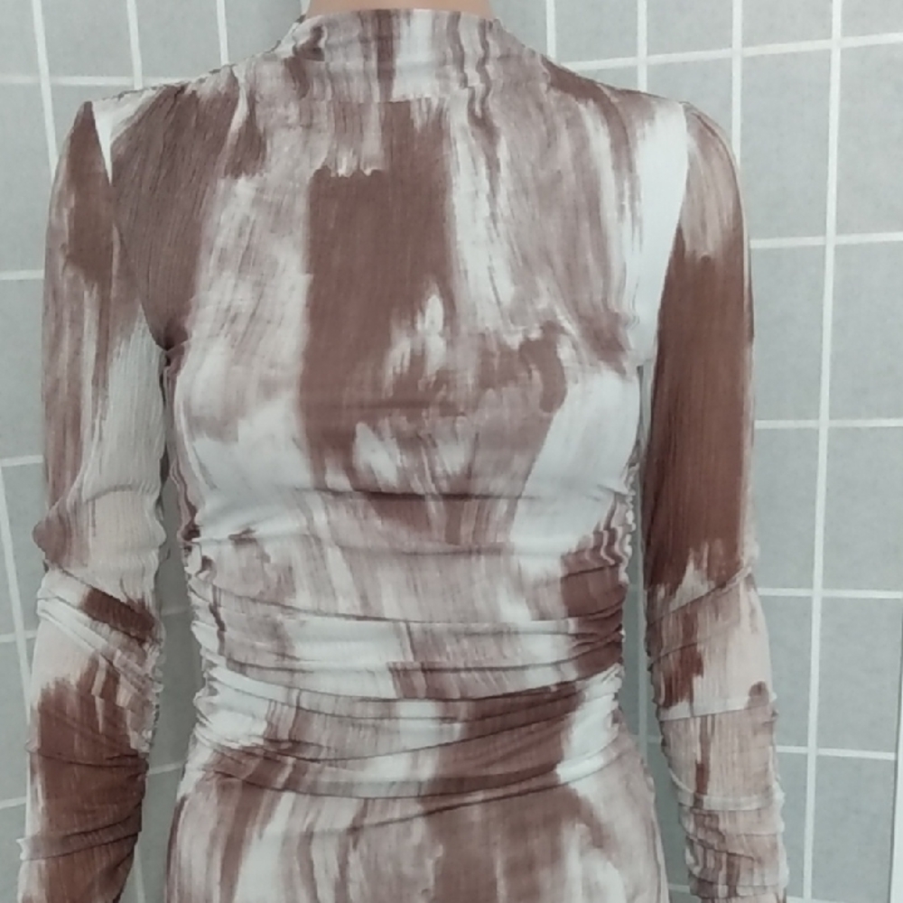 Commense Brown and White Brushstroke Maxi Dress Women's XS -Long  Ruched Sleeves - Picture 2 of 15